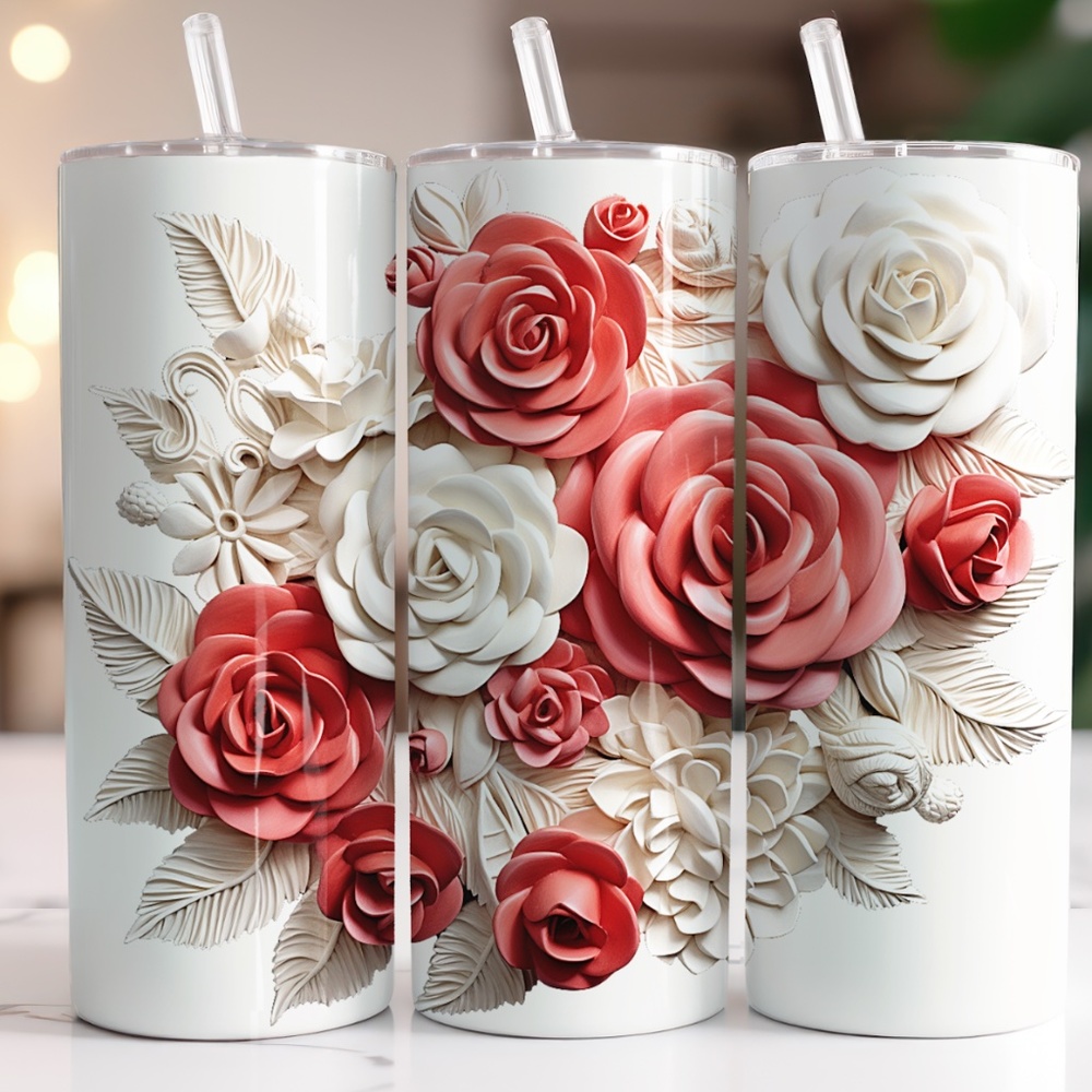 3D White and Red Roses 20oz Straight Tumbler With Straw Included